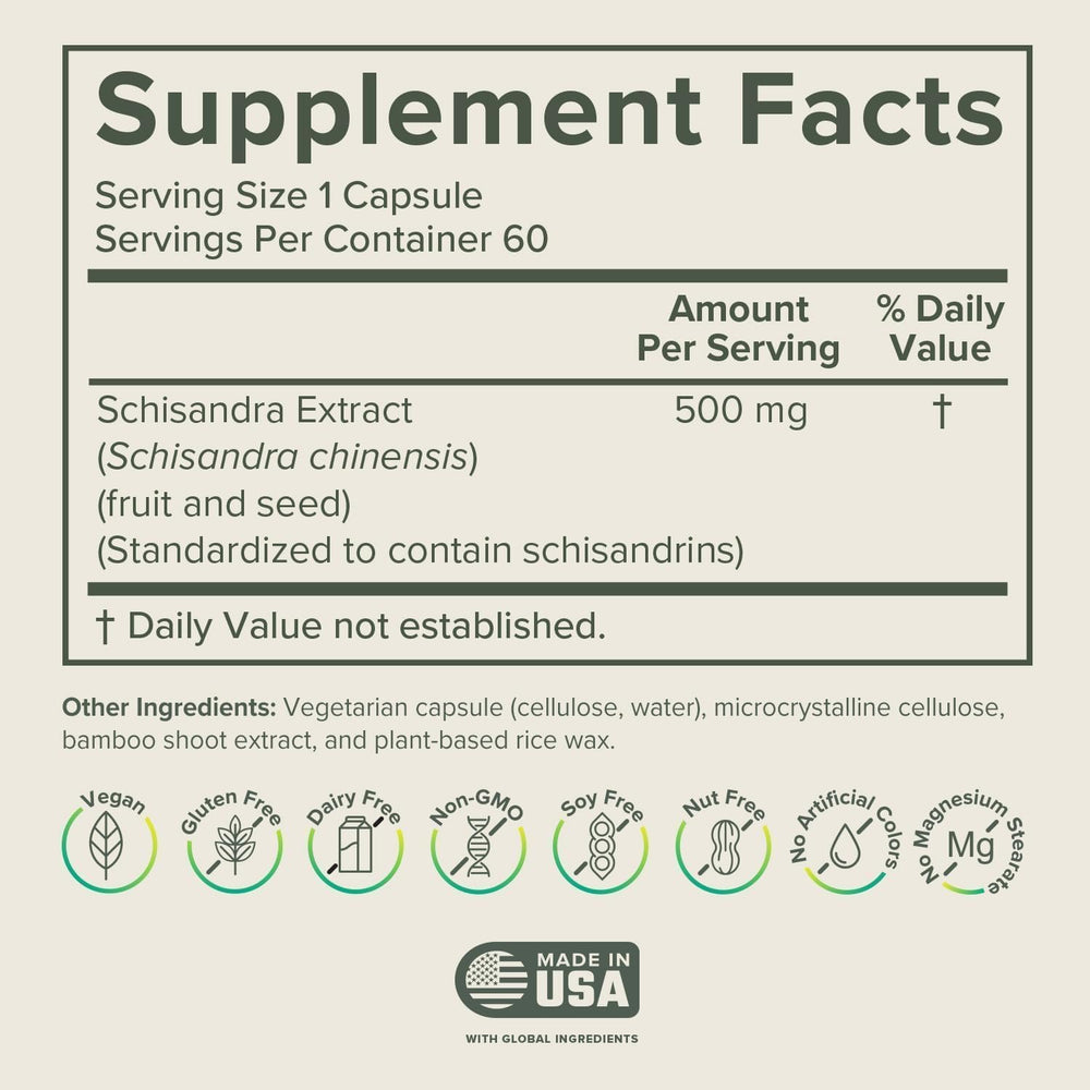 Close-up of Schisandra Berry Extract capsules with 500 mg dose