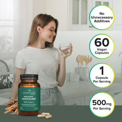 Vegan and non-GMO certification icons on Shatavari packaging