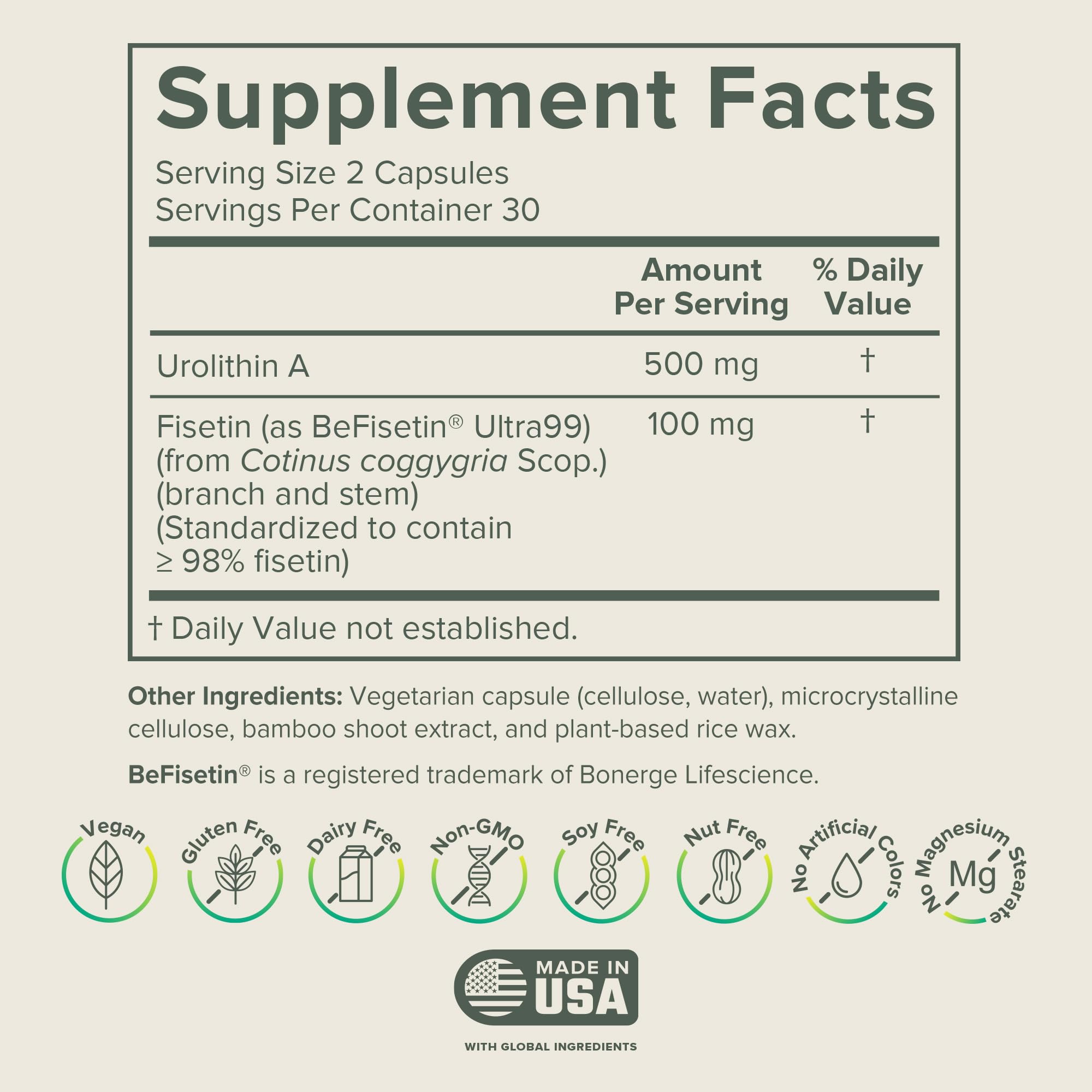Close-up of Prominent Nutrition Urolithin A + Fisetin bottle showing capsules