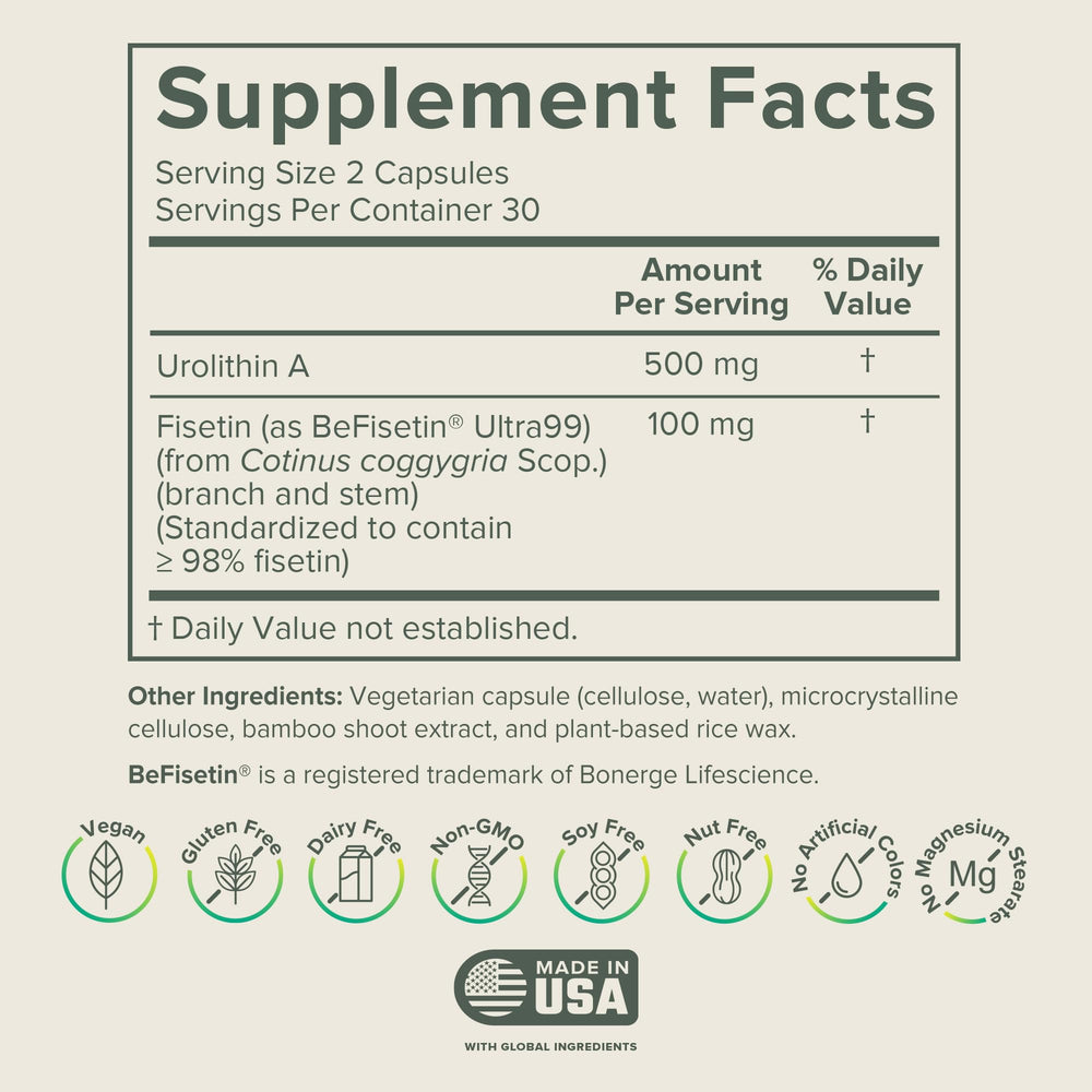 Close-up of Prominent Nutrition Urolithin A + Fisetin bottle showing capsules
