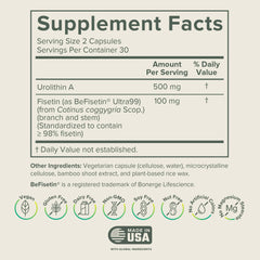 Close-up of Prominent Nutrition Urolithin A + Fisetin bottle showing capsules