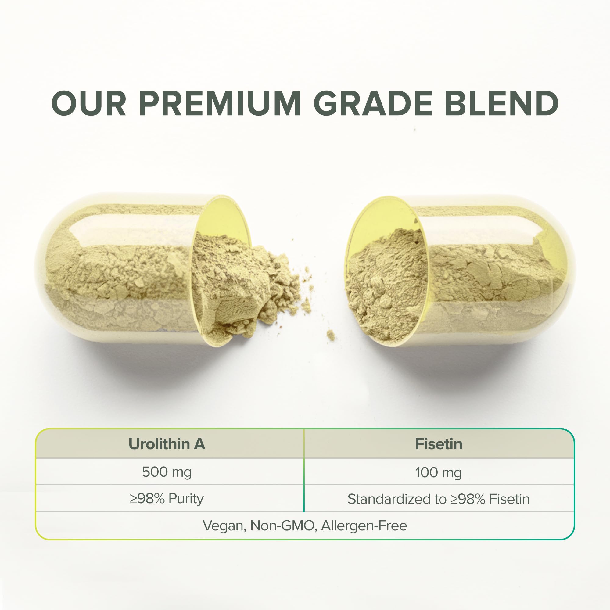 Supplement facts panel for Urolithin A and Fisetin