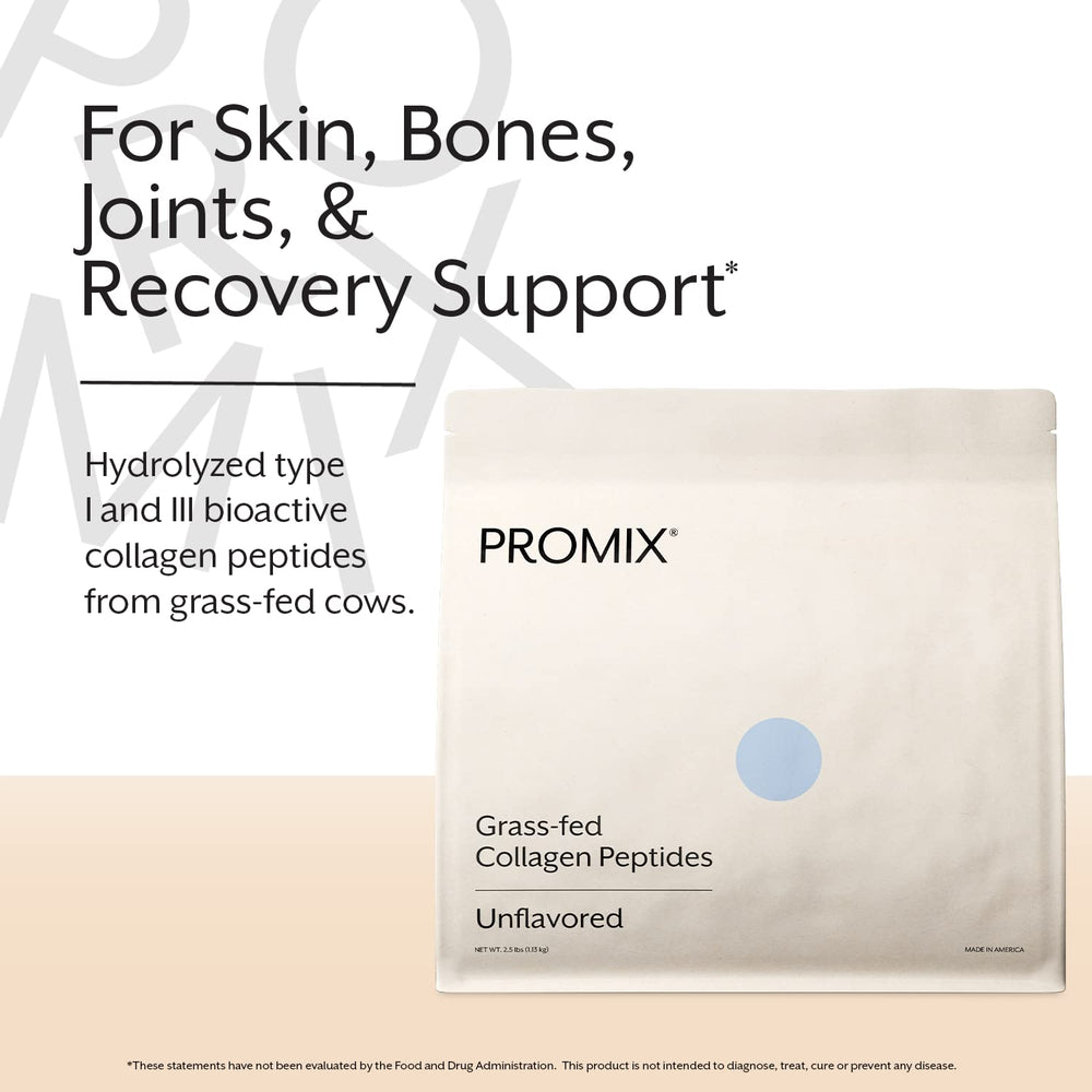 Promix unflavored collagen powder with scoop ready for smoothies.