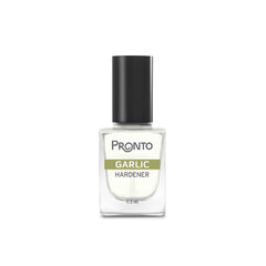 Pronto Garlic Hardener bottle closeup showing base and top coat protection for nails
