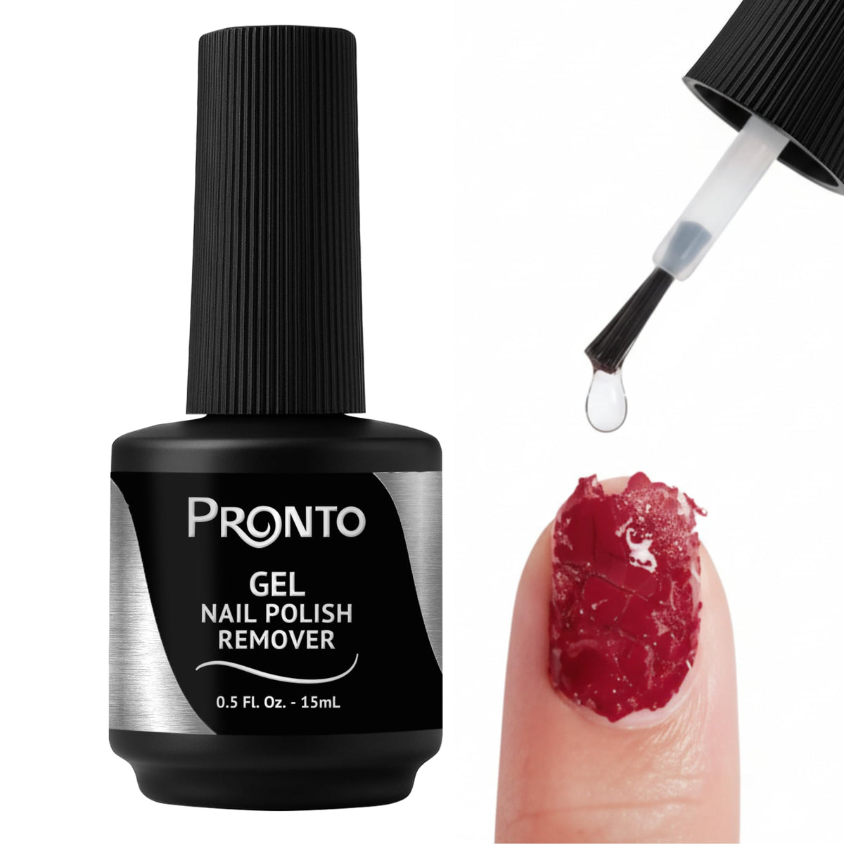 Pronto Quick Peel Off bottle close-up showing fast, no-soak polish removal solution.