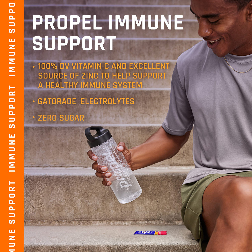 Prepared serving of Propel Immune Support Powder Lemon Blackberry in a glass