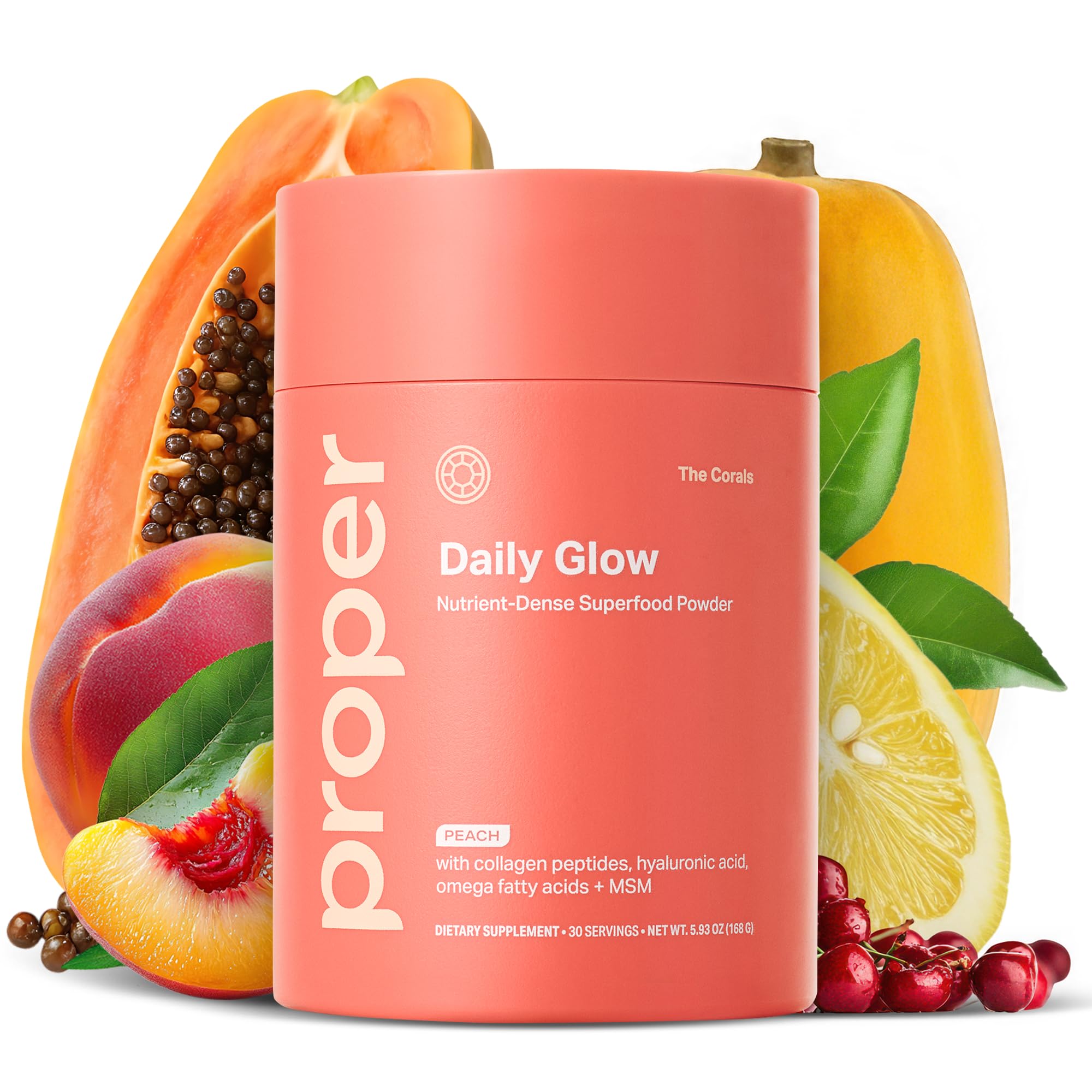 Proper Daily Glow Beauty Blend jar with peach flavor powder
