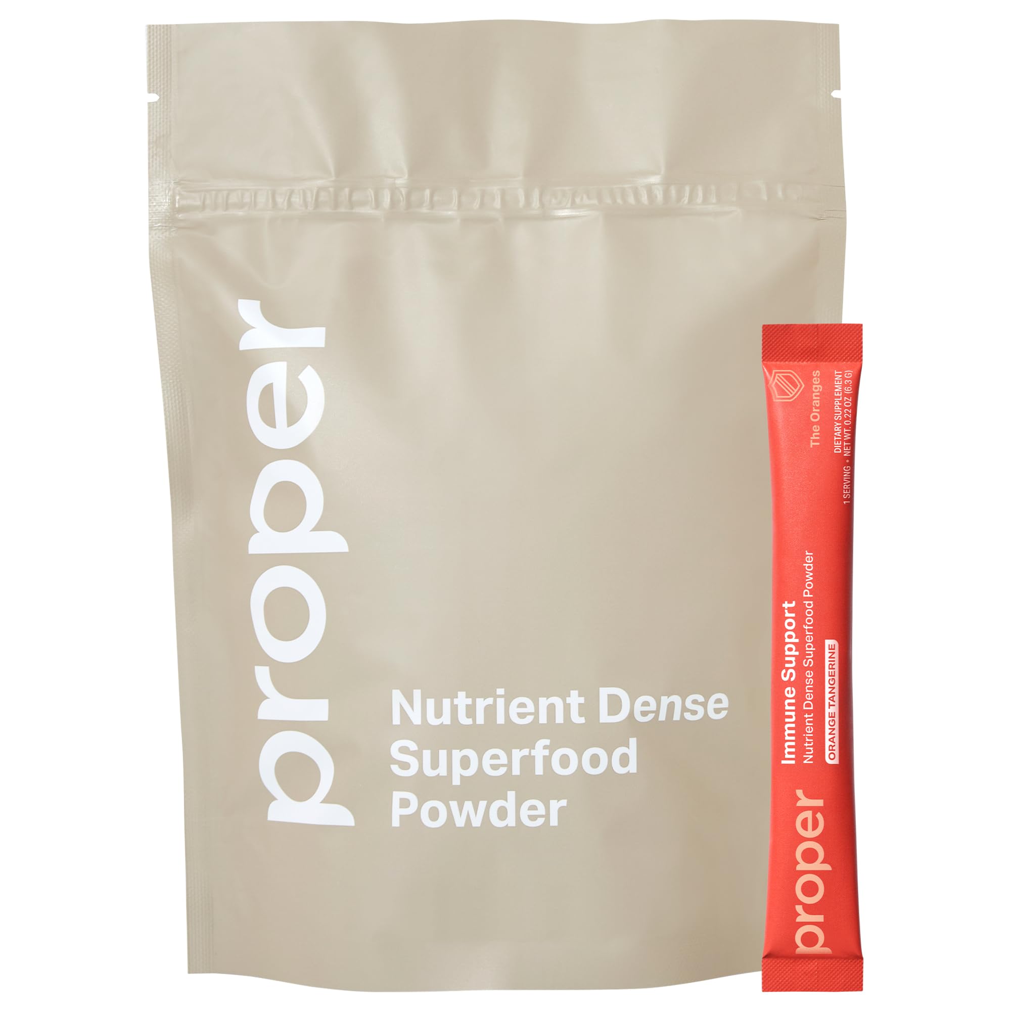 Proper Orange Immune Support powder – orange-tangerine flavor with scoop