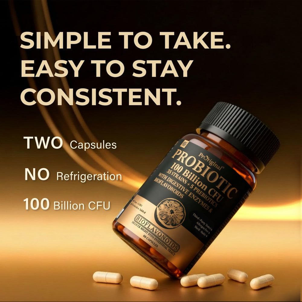 Proriginal vegan non-GMO probiotic label on bottle for clean formula