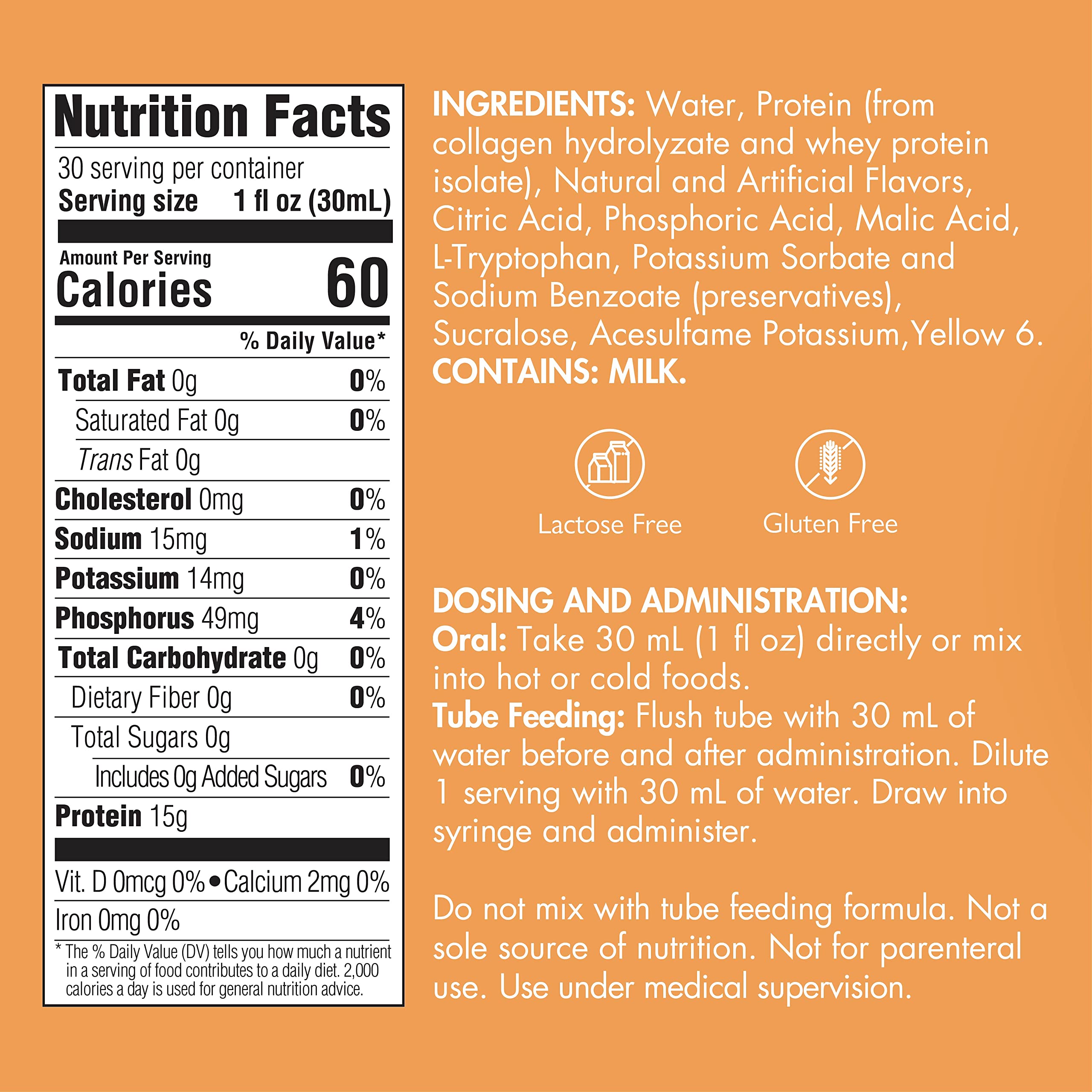 Close-up of ProSource NoCarb Orange Creme Liquid Protein label - 15 g per 30 mL