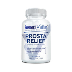 Research Verified ProstaRelief bottle with Saw Palmetto and Bioperine label