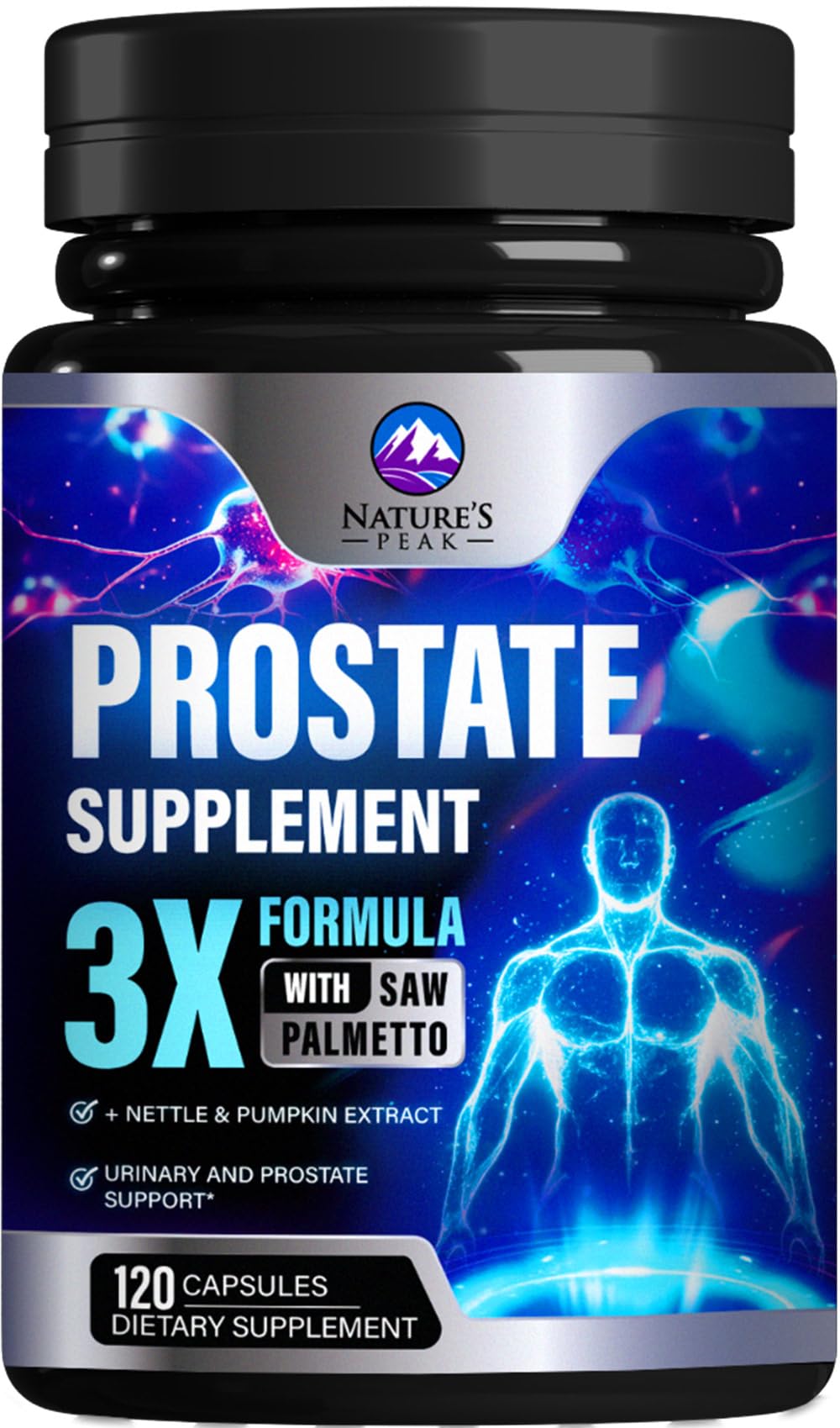 Bottle of prostate health supplement with saw palmetto blend