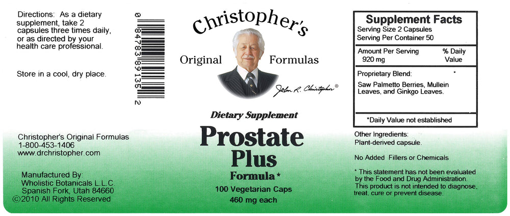Ingredients include saw palmetto, mullein, and ginkgo biloba in Prostate Plus Formula