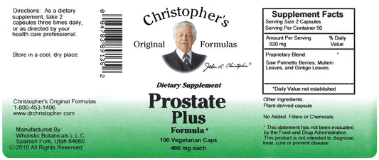 Ingredients include saw palmetto, mullein, and ginkgo biloba in Prostate Plus Formula