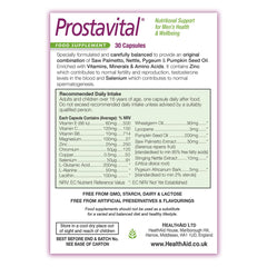 Back/top view showing nutrition information on Prostavital blister pack