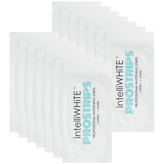 Close up of Prostrips whitening strip being applied to teeth