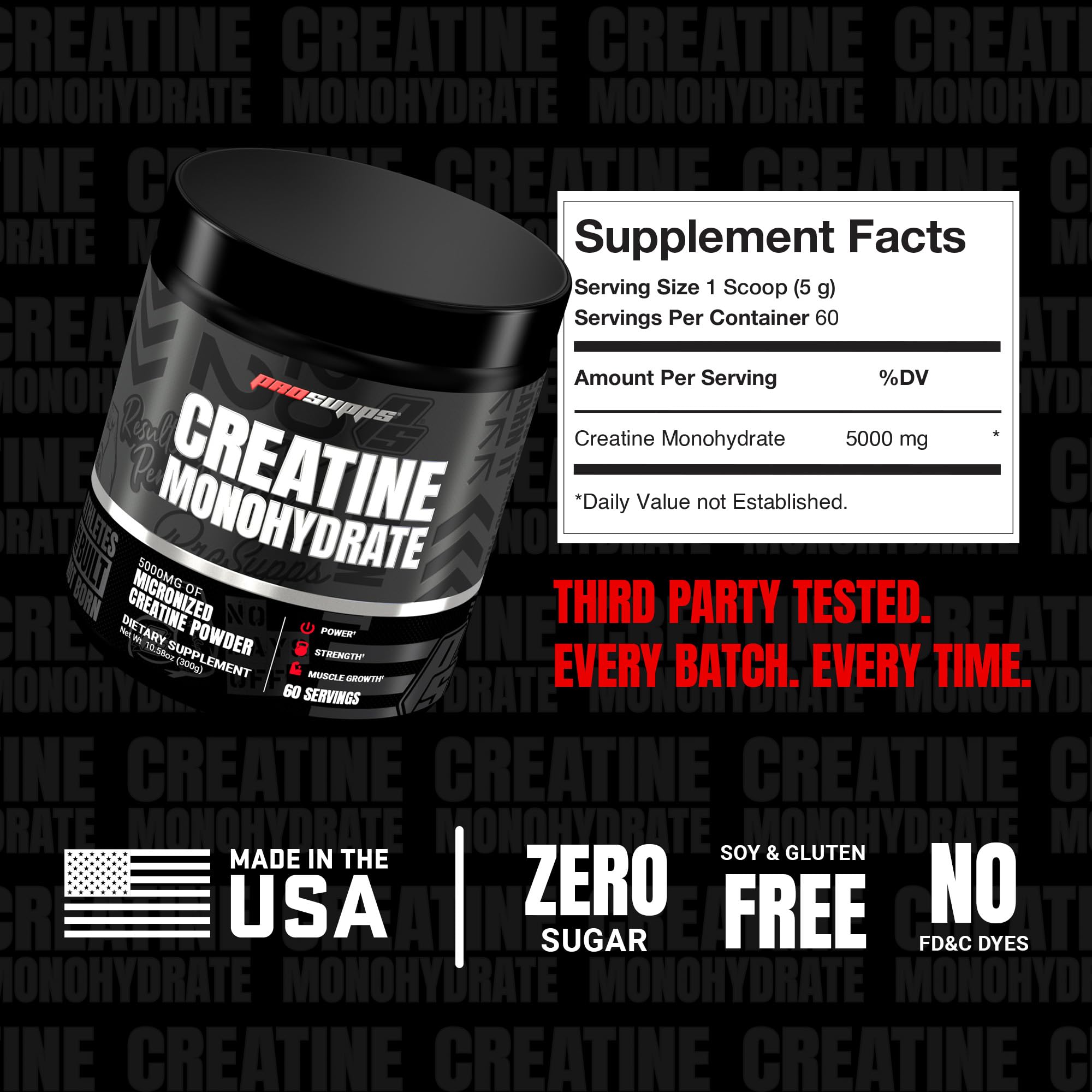 USA-made label on creatine powder container