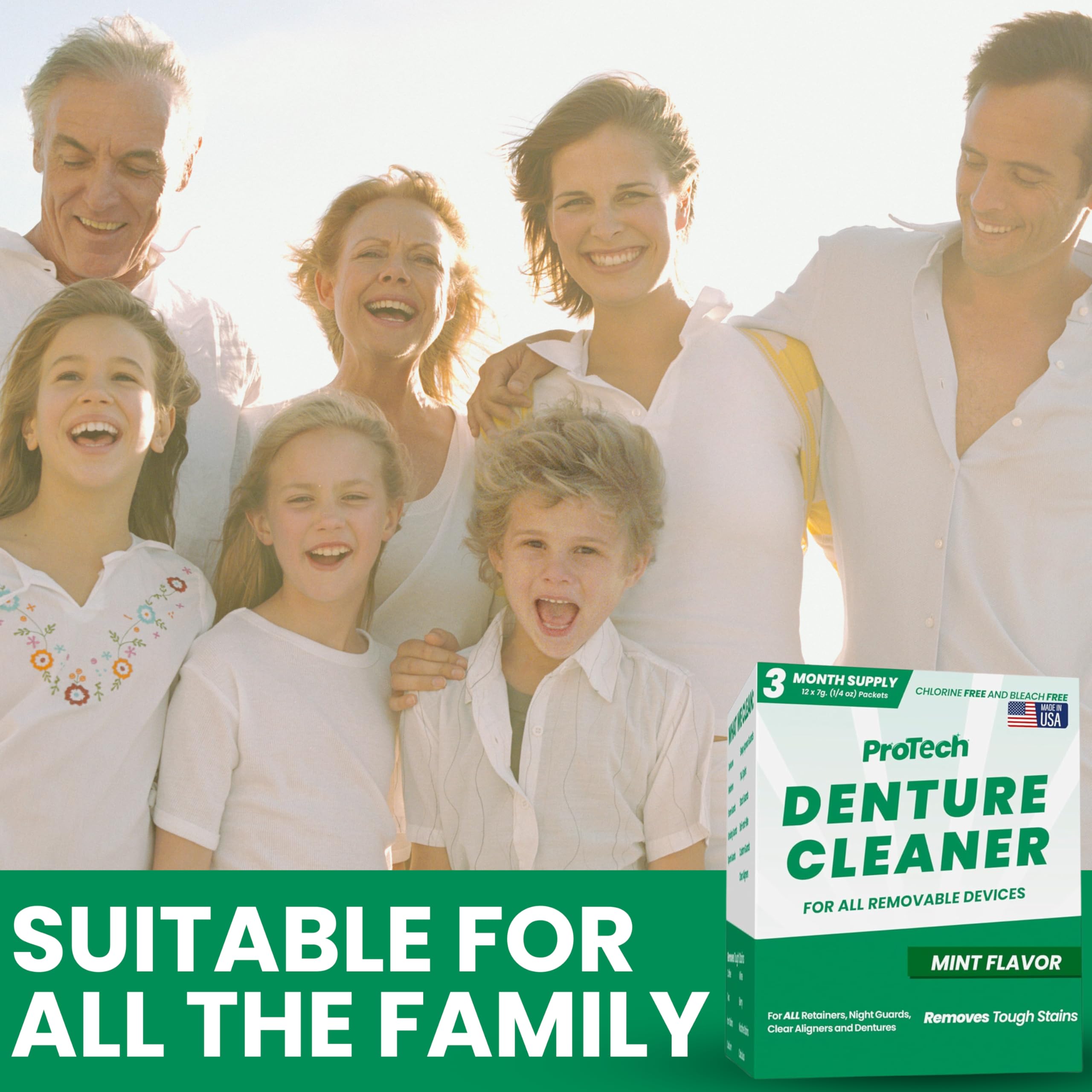 Bleach-free, safe formula for dentures and retainers