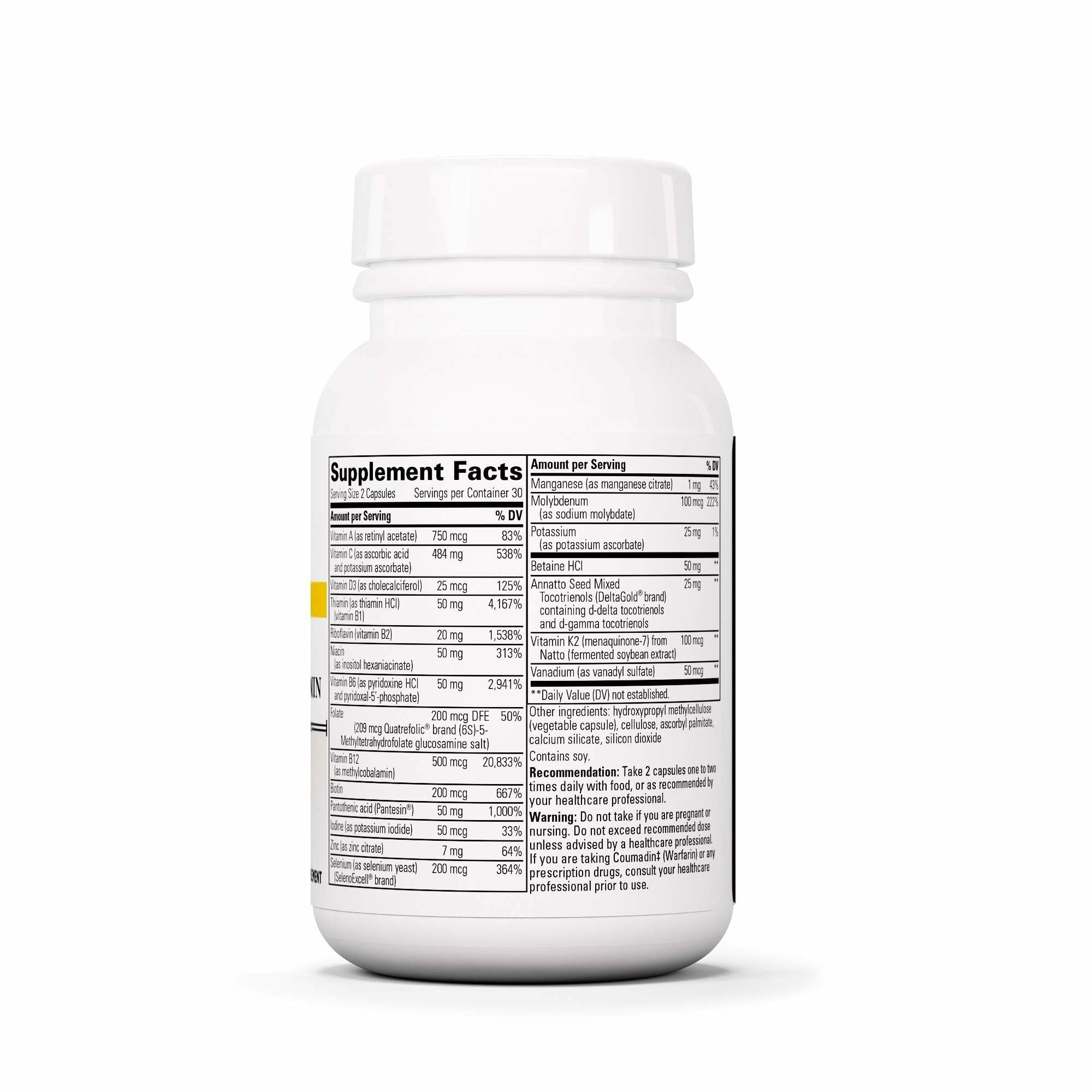 Ingredient list highlighting vitamins A, C, D, B12 and minerals