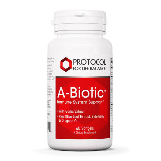 Protocol A-Biotic Immune Support bottle label featuring garlic and botanicals