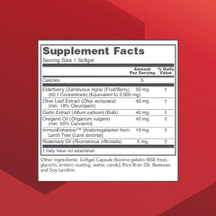 Bottle showing elderberry, olive leaf extract and ImmunEnhancer ingredients