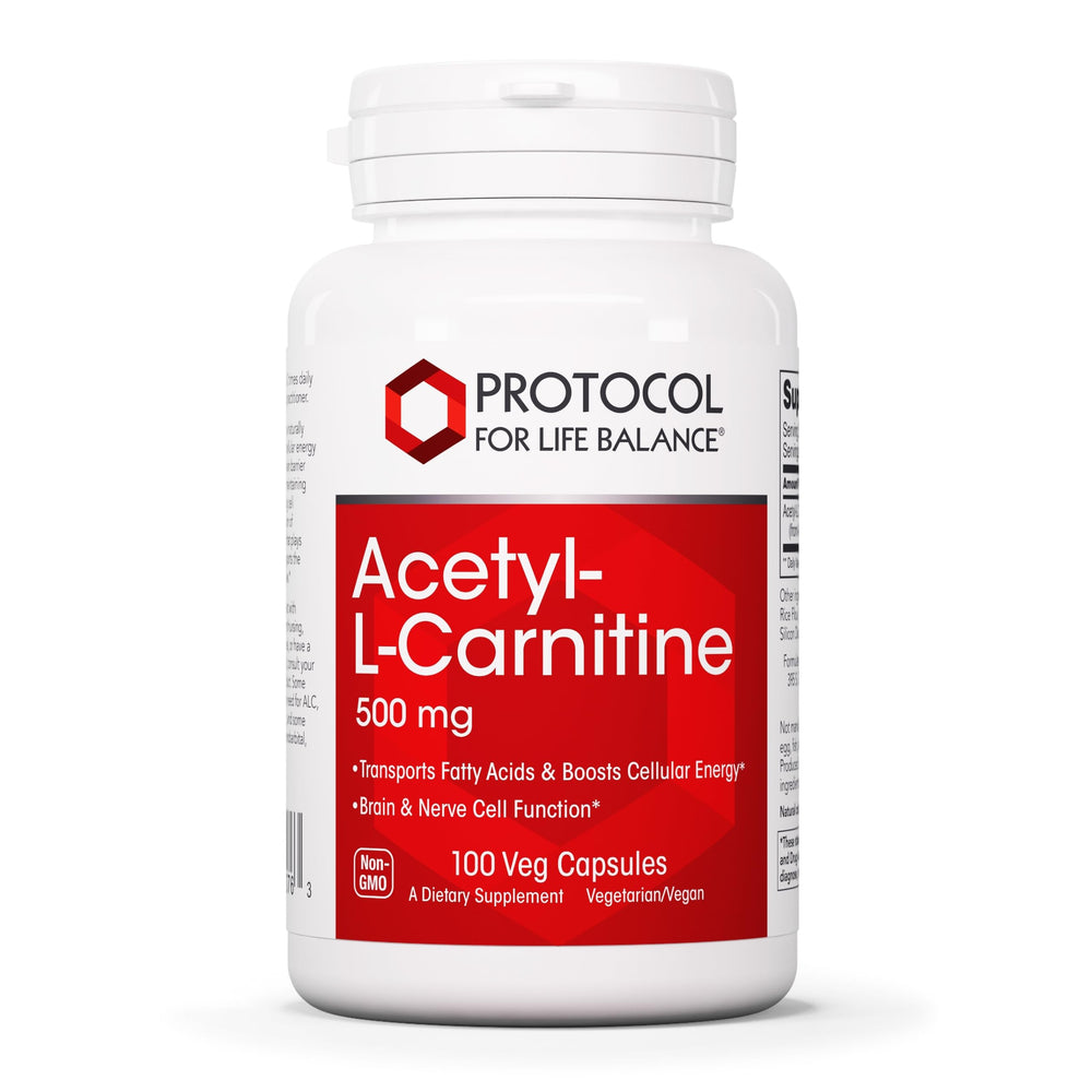 Bottle and capsules of Protocol Acetyl-L-Carnitine 500mg