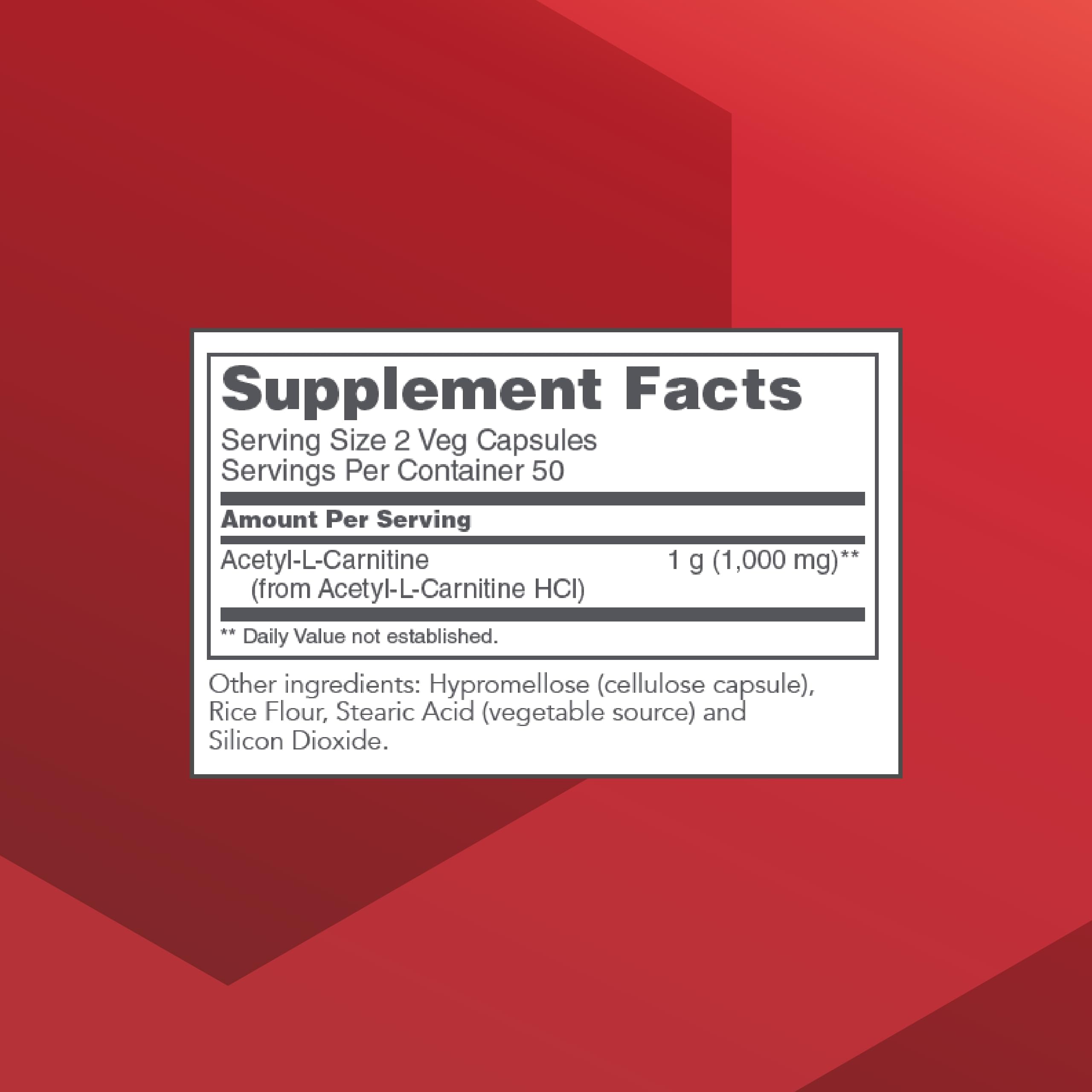 Label showing 500mg Acetyl-L-Carnitine on bottle