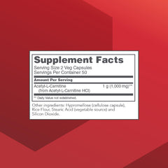 Label showing 500mg Acetyl-L-Carnitine on bottle