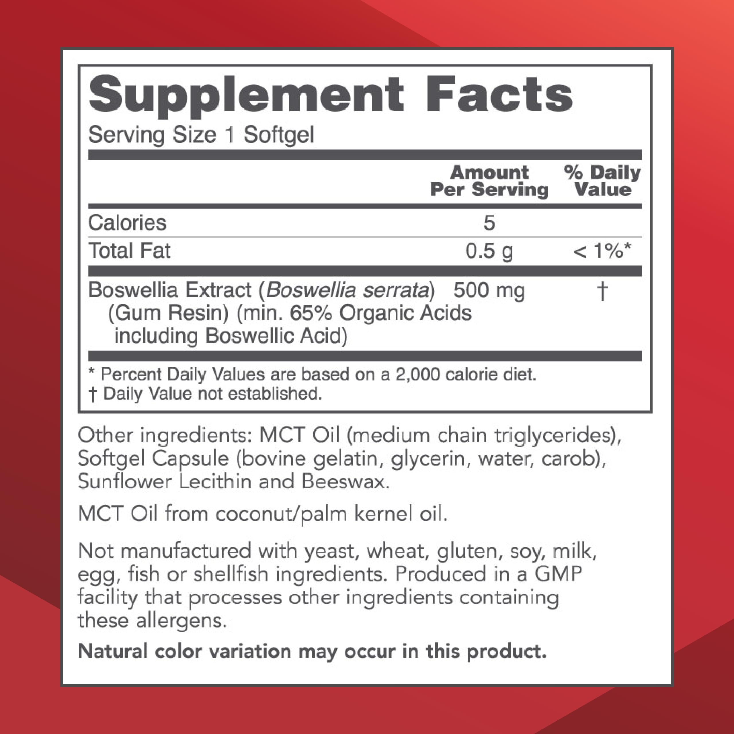 Label close-up of Protocol Boswellia Extract 500 mg bottle