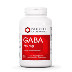 Front view of Protocol for Life Balance GABA 750mg 120 vegan caps bottle