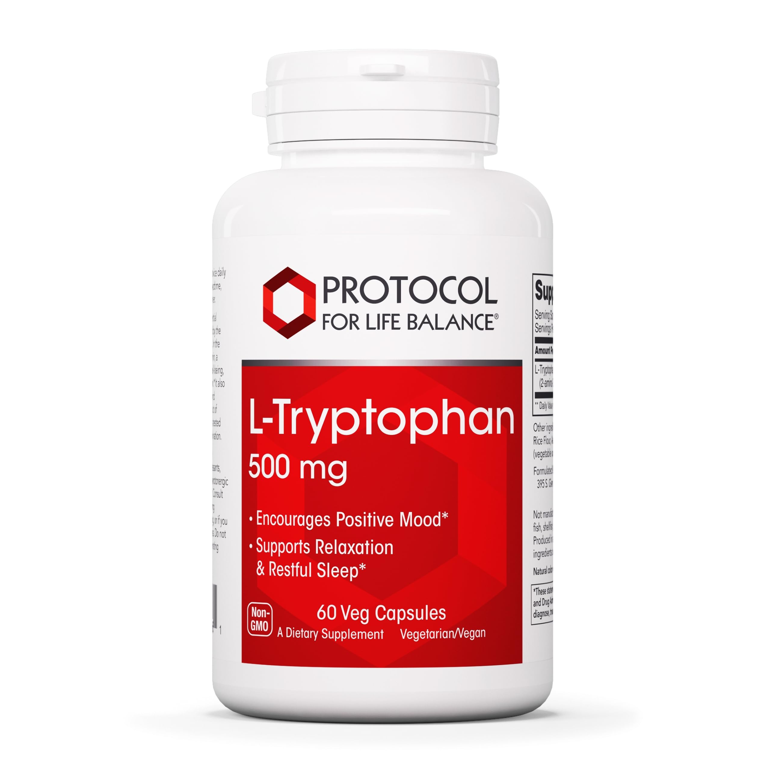 Protocol for Life Balance L-Tryptophan 500mg bottle with 60 veggie capsules