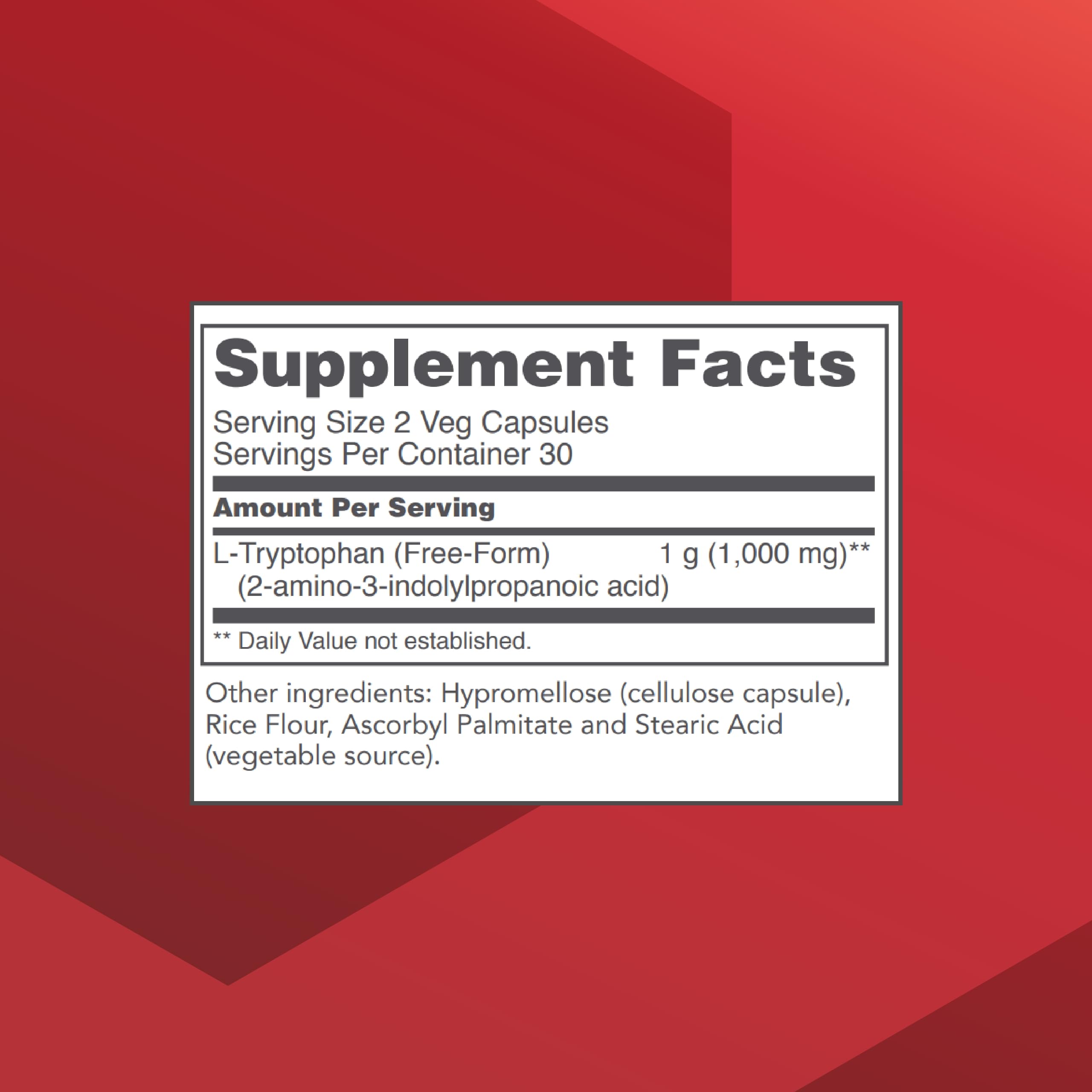Front label of Protocol for Life Balance L-Tryptophan 500mg bottle