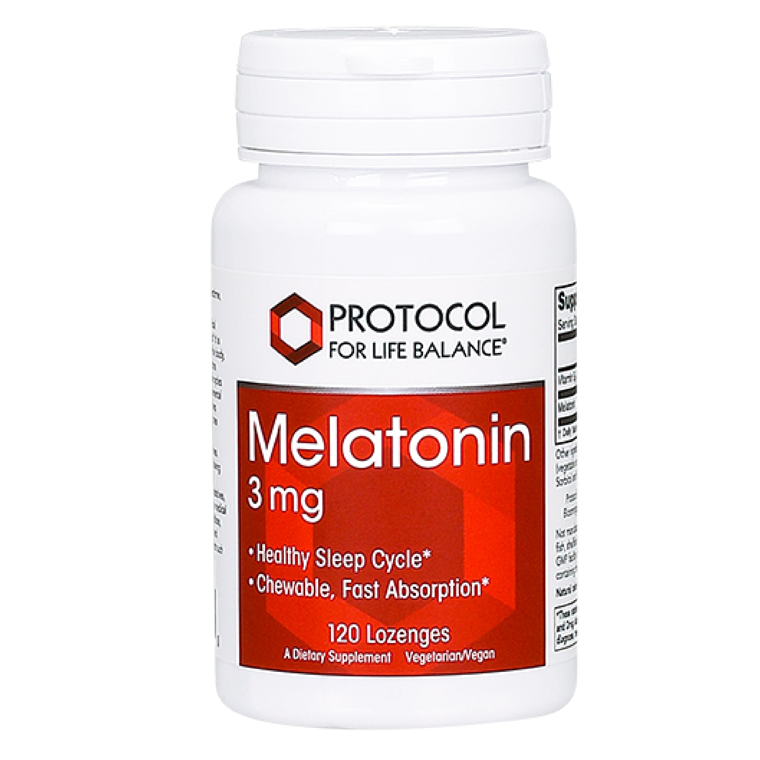 Front view of Protocol For Life Balance Melatonin 3mg chewable lozenges bottle.