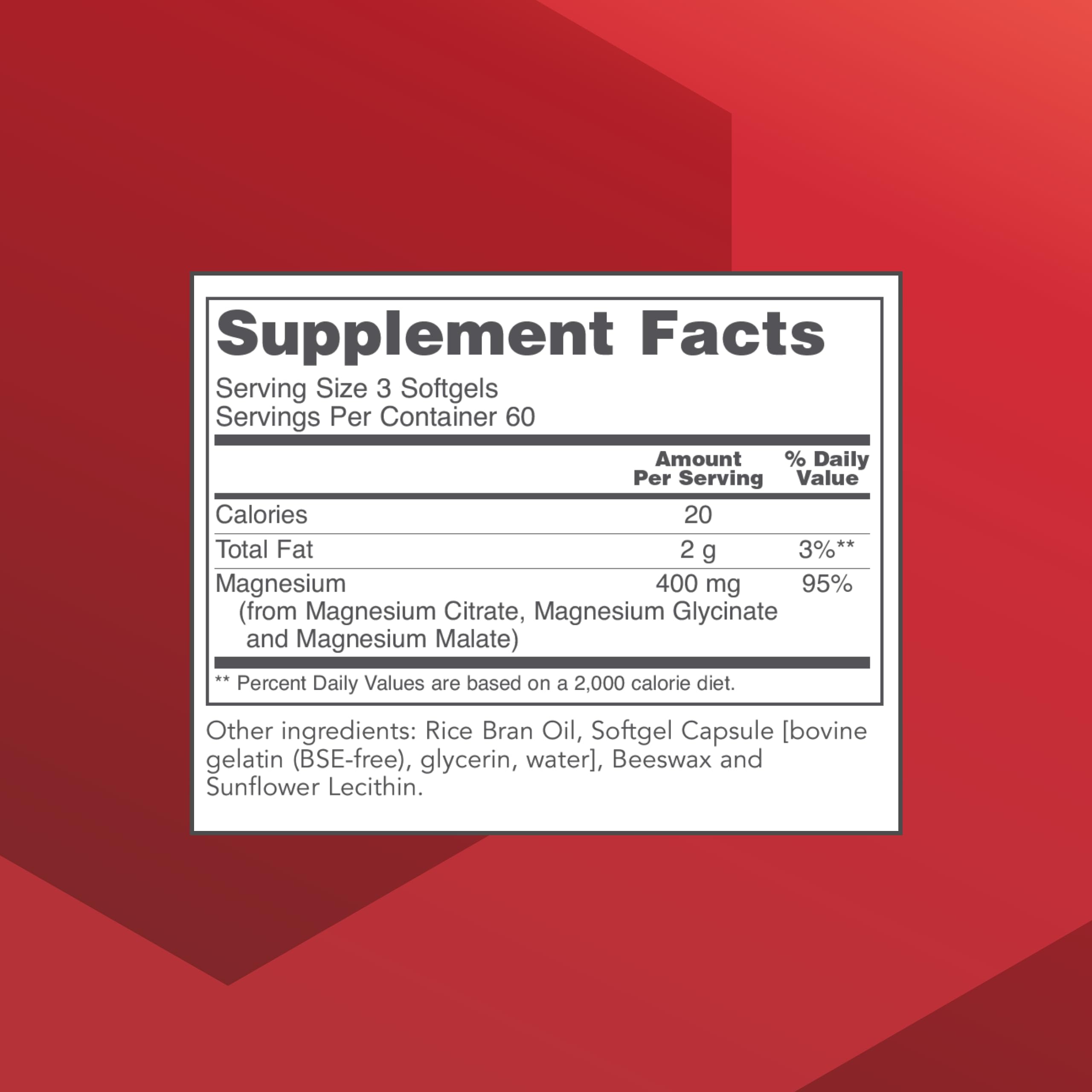 Serving size illustration showing 400 mg elemental magnesium from citrate, glycinate and malate