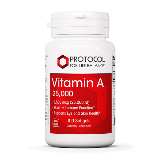 Bottle label for Protocol For Life Balance Vitamin A 25,000 IU