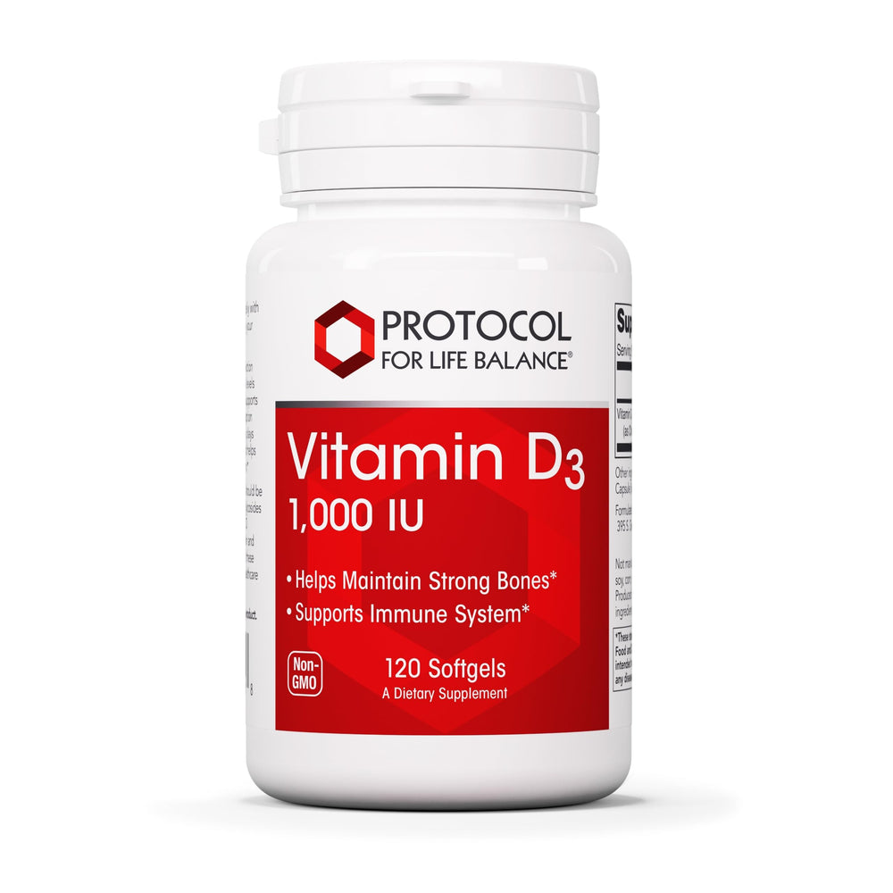 Protocol For Life Balance Vitamin D3 1,000 IU bottle showing bone and teeth health