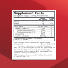 Close-up of krill oil softgel capsules showing 500mg per softgel