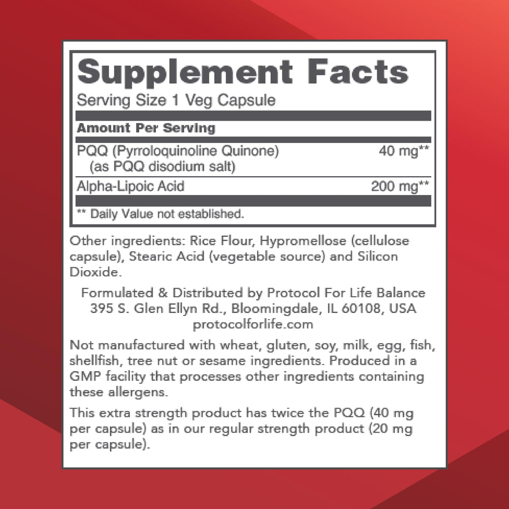 Capsules of Protocol for Life Balance PQQ 40mg with alpha-lipoic acid