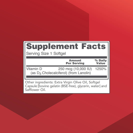 Close-up of Vitamin D3 10,000 IU label