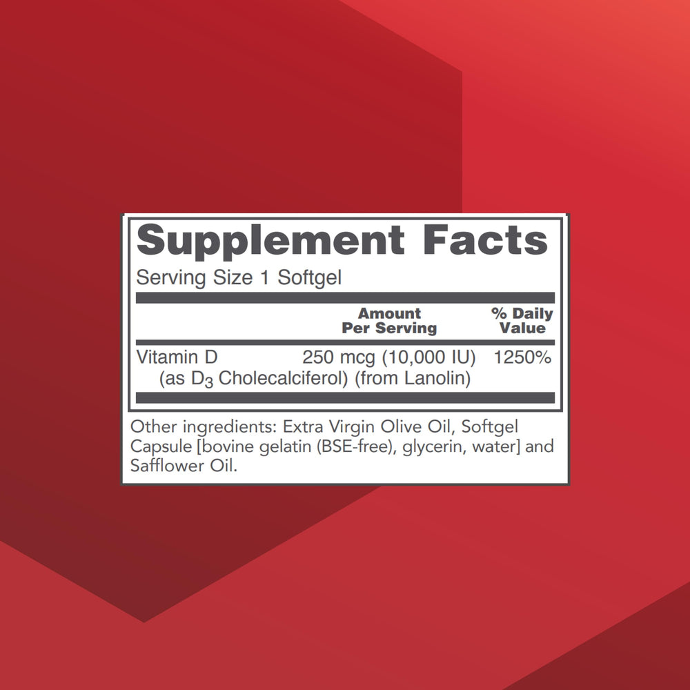 Vitamin D3 10,000 IU bottle front showing 120 softgels