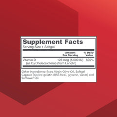 Vitamin D3 5000 IU softgels packaging close-up with label