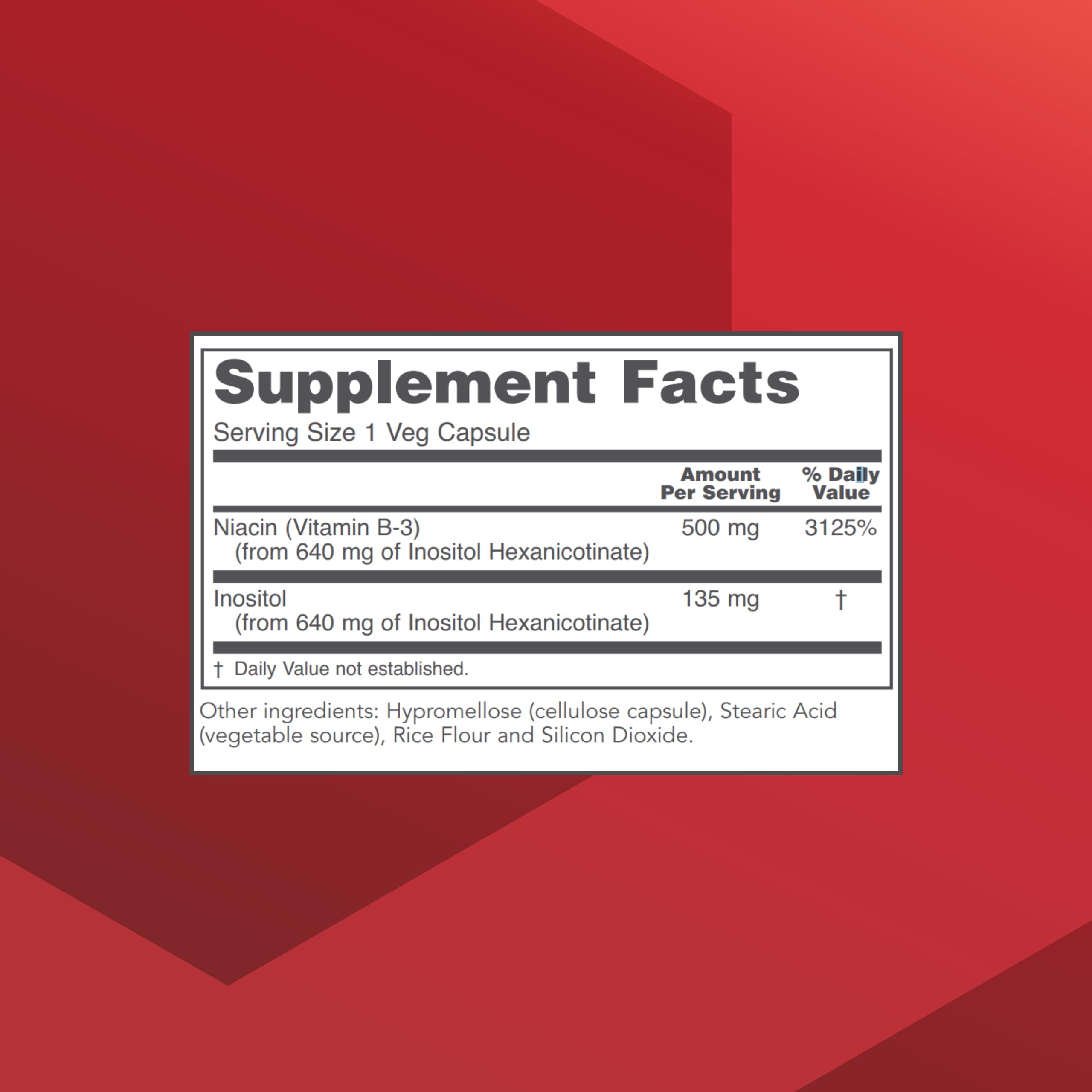 Protocol Niacin 500mg bottle back with supplement facts