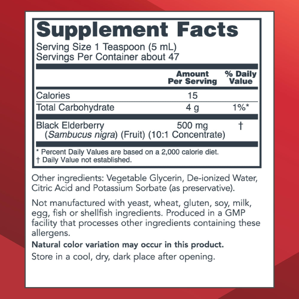 Close-up of the elderberry liquid label