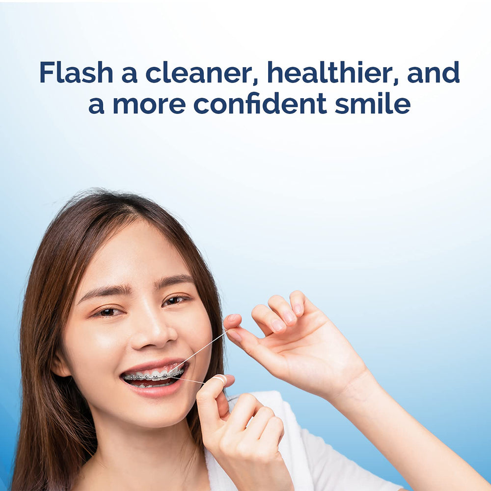 User smiling while using ProxySoft floss for daily oral hygiene