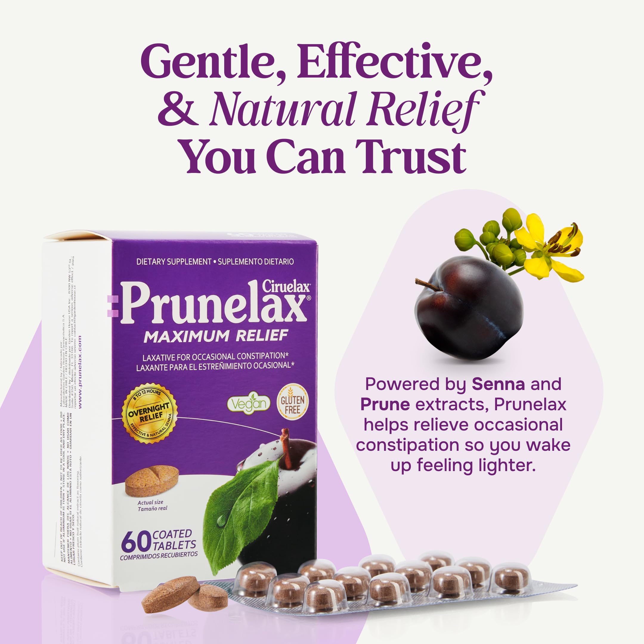 Prunelax bottle-label-detail focuses on product labeling and trusted constipation-relief information.