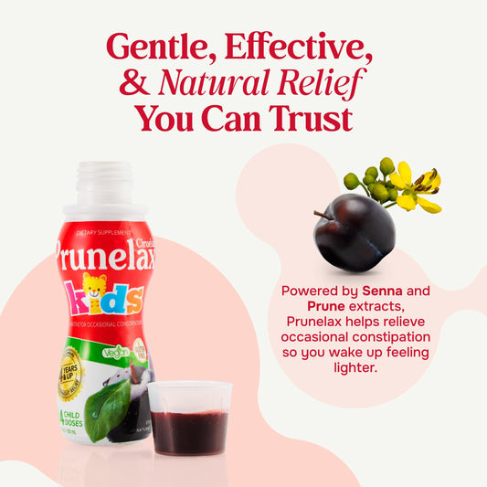 Prunelax Ciruelax bottle front features kid-friendly laxative syrup for gentle use.