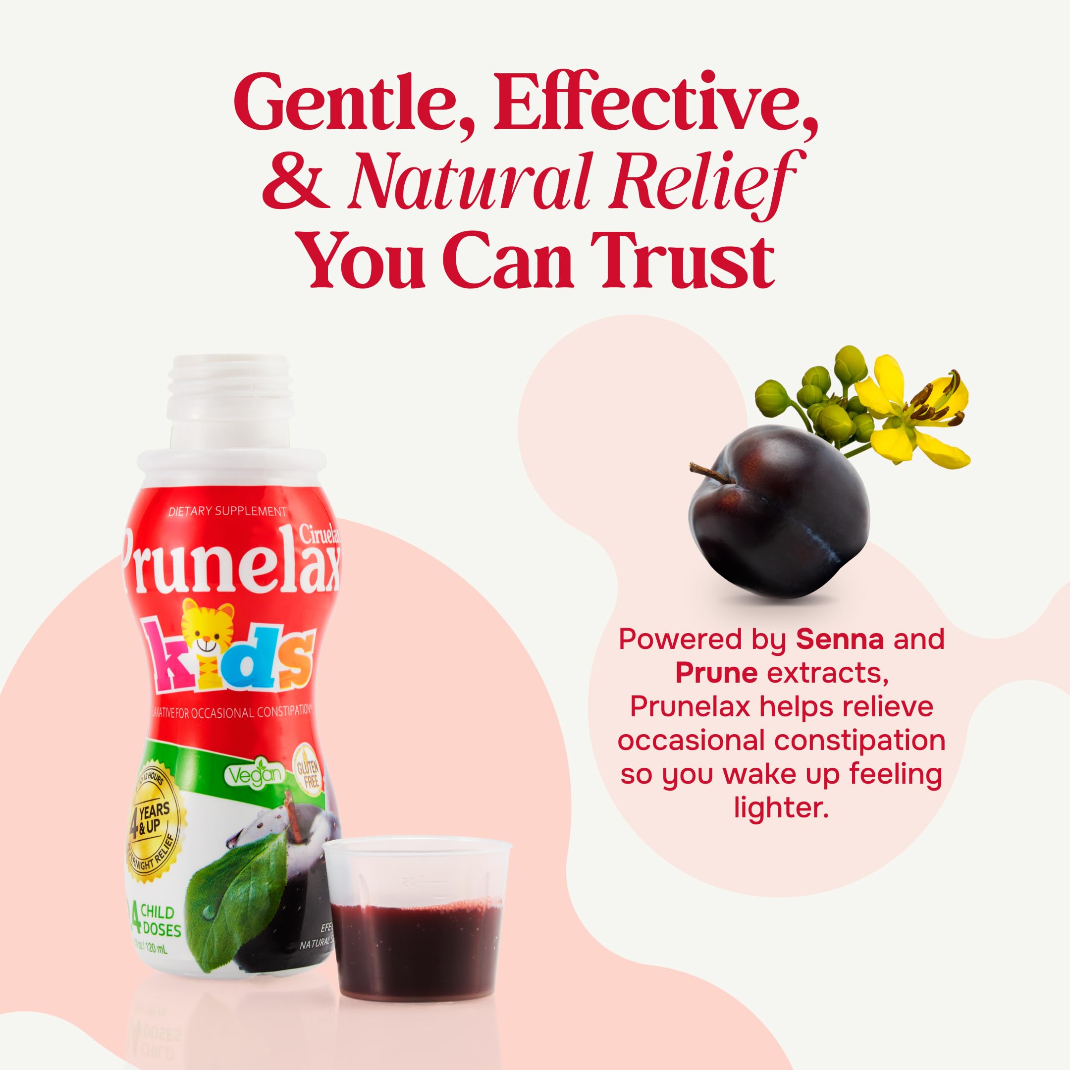 Prunelax Ciruelax bottle front features kid-friendly laxative syrup for gentle use.