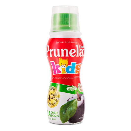 Prunelax Ciruelax bottle label shows gentle overnight relief promise for kids.