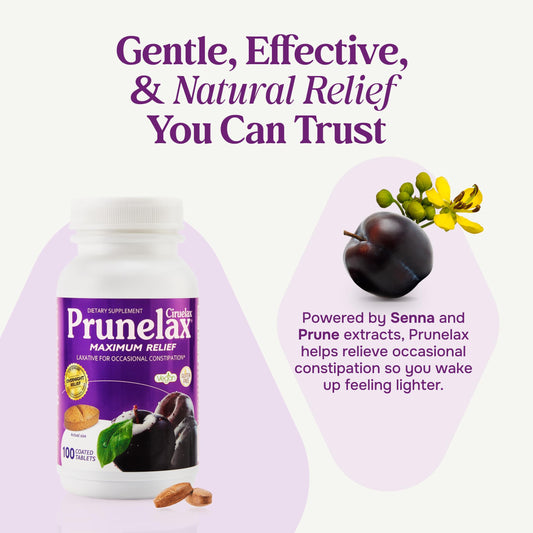 Prunelax Ciruelax tablets closeup shows senna leaf extract for natural relief.