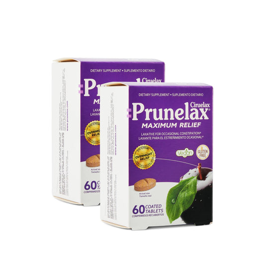 Prunelax extra-strength tablets bottle closeup demonstrates a fast-relief option for regularity.